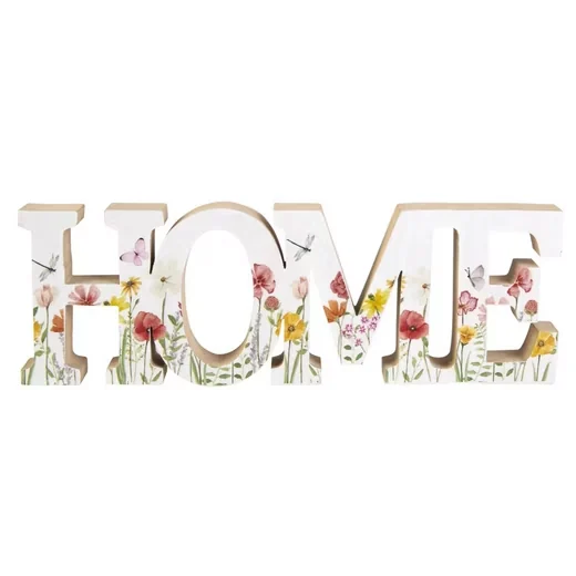 Dekoobjekt Schriftzug „Home“ – Weiß, mit Blumenmotiv