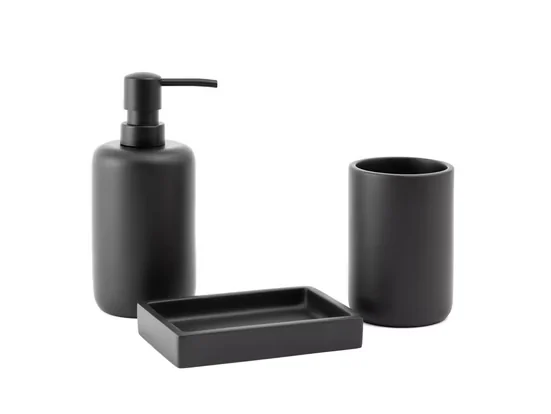 Badezimmer-Set 3-teilig – Zahnputzbecher, Seifenspender & Seifenschale, Schwarz