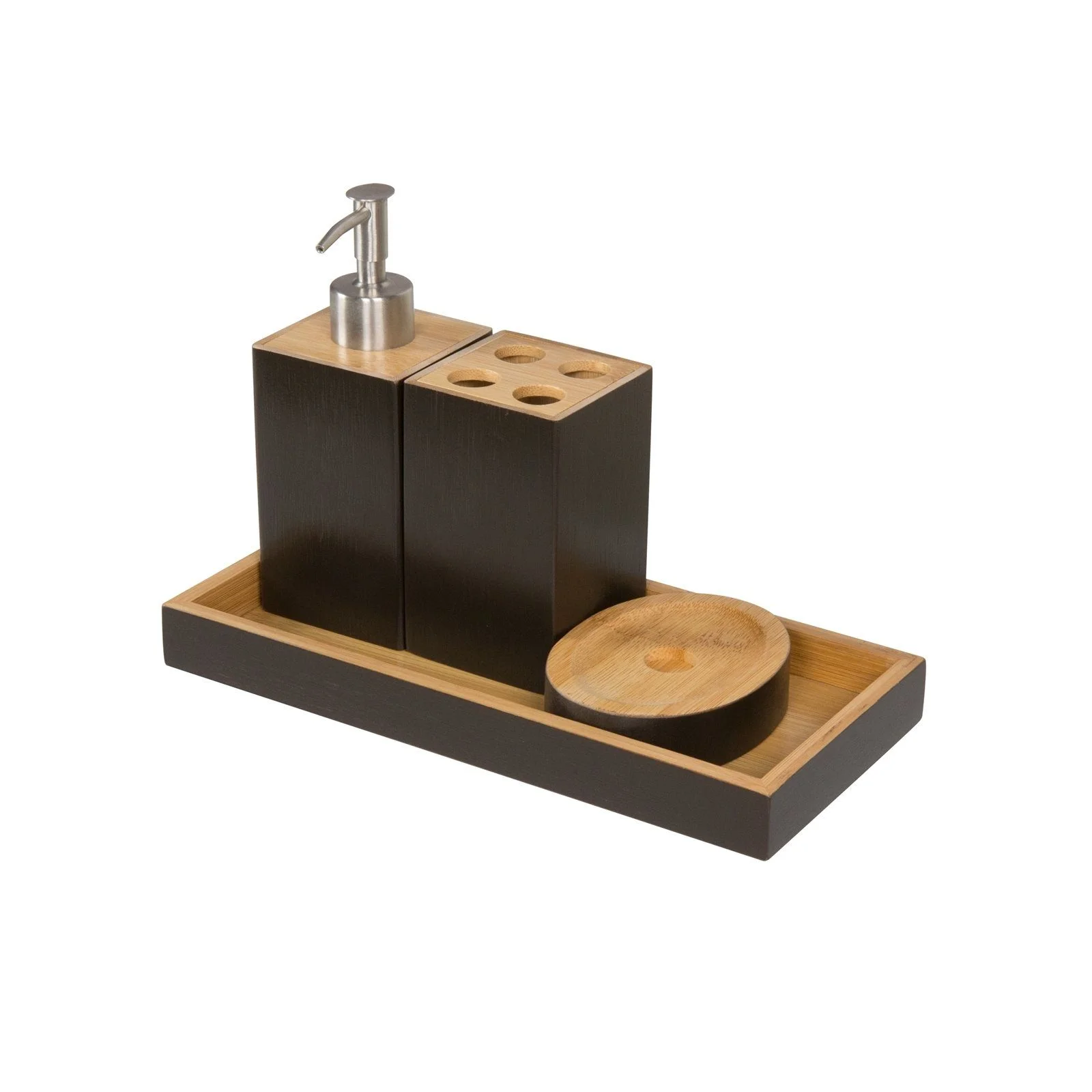 Badserie 4-teilig – Seifenspender, Seifenschale & Zahnbürstenhalter im Holzdesign